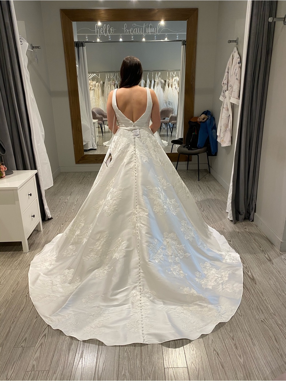 Ivory Satin A-Line Wedding Dress with Lace Appliqué and Deep V Back